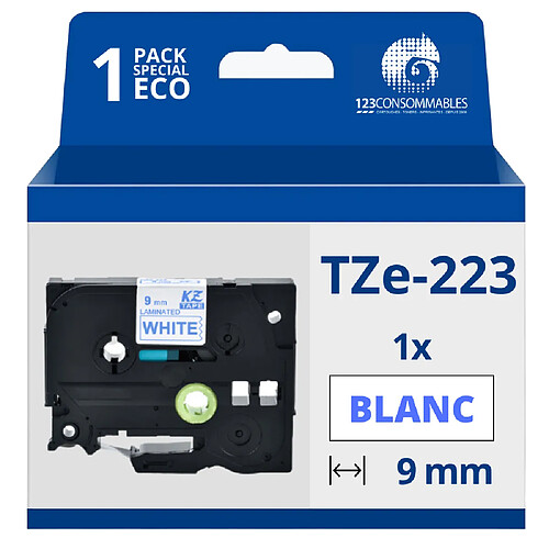 123Consommables Ruban compatible Brother TZe223 - Texte bleu sur fond blanc