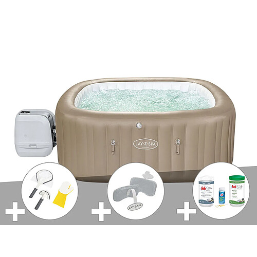 Kit spa gonflable Bestway Lay-Z-Spa Palma carré Hydrojet Pro 5/7 places + Kit traitement brome + 2 appuie-têtes + Kit de nettoyage