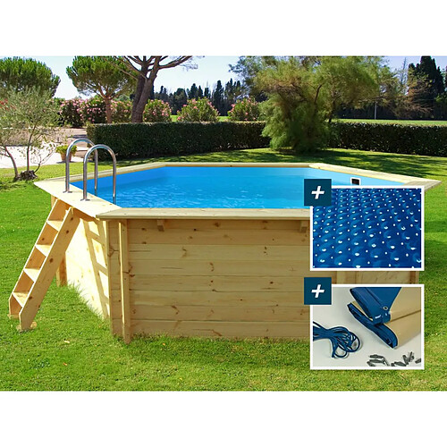 Habitat Et Jardin Piscine bois Hawai - 4.10 x 1.20 m + Bâche à bulles 180 + Bâche hiver 280 gr/m²