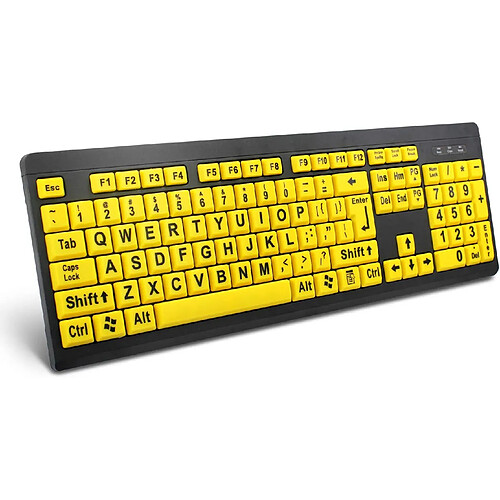 Clavier d'ordinateur à gros caractères, clavier filaire USB à contraste élevé avec lettres imprimées surdimensionnées pour les personnes malvoyantes et malvoyantes (jaune + noir)