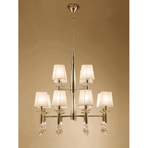 Luminaire Center Suspension Tiffany 2 Tier 12+12 Ampoules E14+G9, doré avec Abat jour crèmes & cristal transaparent