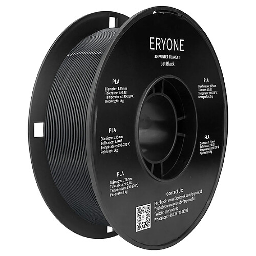 None Filament PLA ERYONE pour imprimante 3D 1,75 mm Tolérance 0,03 mm 1 kg (2,2 lbs)/bobine - Noir de jais