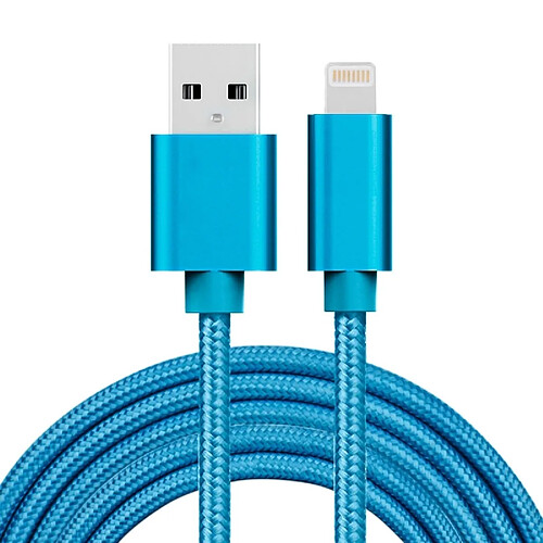 Wewoo Câble bleu pour iPhone X / 8 & 8 Plus / 7 & 7 Plus / 6 & 6s & 6 Plus & 6s Plus / iPad 2m 3A style métallique tissé tête Lightning à de données / chargeur USB,