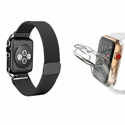 PHONECARE Kit Bracelet Milanais Avec Fermoir Magnétique + Coque 360° Impact Protection pour Apple Watch Series 7 - 45mm - Noir