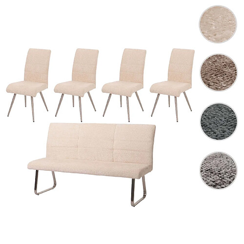 Mendler Set de salle à manger HWC-G55, set de 4 chaises + banc 180cm, inox brossé tissu/textile chenille ~ crème