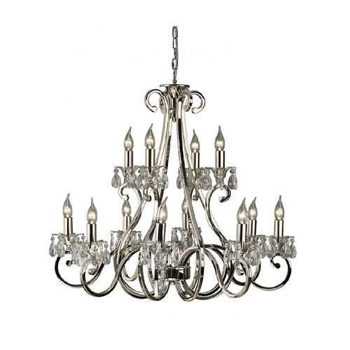 Interiors 1900 Chandelier Oksana, nickel poli, pendeloques cristal, 12 éclairages