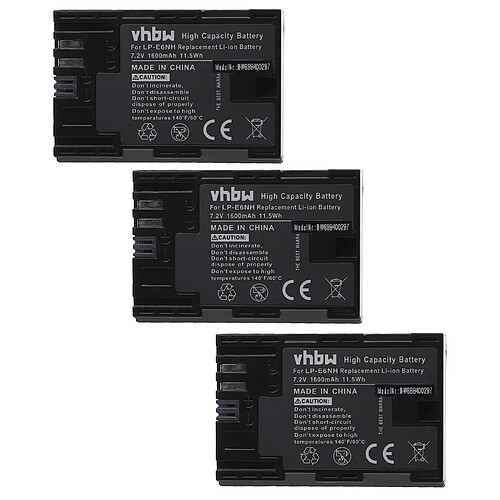 vhbw 3x Batteries remplacement pour Canon LP-E6, LP-E6NH pour appareil photo, reflex numérique (1600mAh, 7,2V, Li-ion)