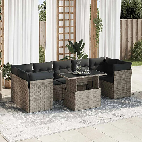 vidaXL Salon de jardin 8 pcs avec coussins gris résine tressée