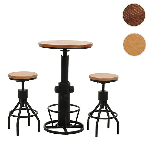 Mendler Set table de bar + 2x tabourets de bar HWC-N17, chaise de bar table haute réglable en hauteur pivotante repose-pieds industrielle ~ bois naturel