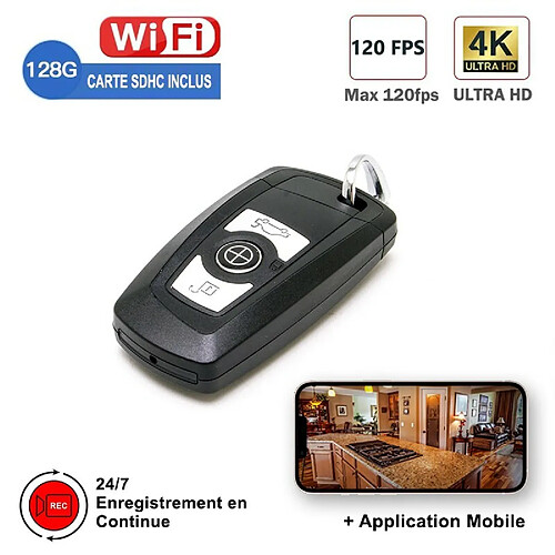 Mini Caméra Cachée Espion Clé de Voiture WIFI Ultra HD 4K 2160p MP4 2h30 Autonomie Angle 90° + Micro SD 128Go + Appli iOS Android