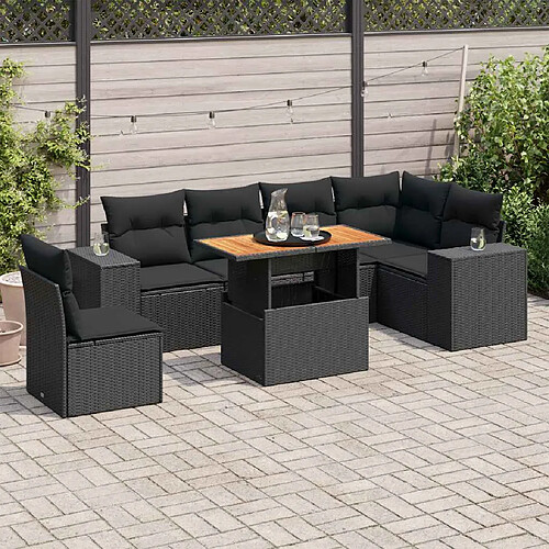 vidaXL Salon de jardin 7 pcs avec coussins noir résine tressée