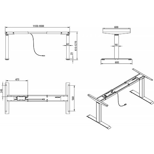 BMB Châssis de table électrique assis / debout 695-1145 argent