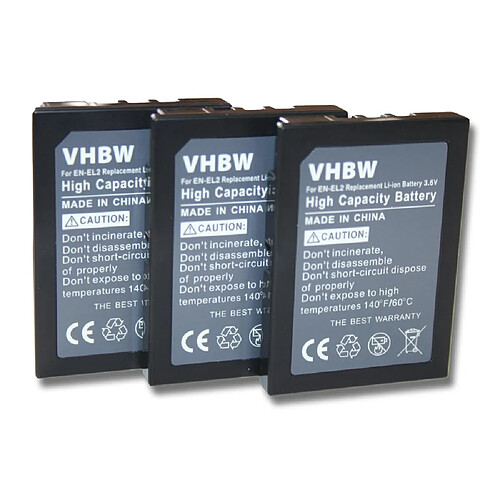 vhbw 3x Batteries remplacement pour Nikon EN-EL2 pour appareil photo, reflex numérique (800mAh, 3,6V, Li-ion)