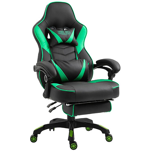 Decoshop26 Fauteuil de bureau chaise gaming repose-pieds télescopique accoudoirs coussins de renforcement en PVC noir / vert 10_0002672