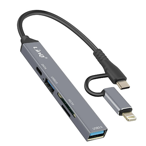 LinQ Hub USB-C et Lightning OTG 1x Port USB-C + 2x USB + Carte SD / TF Noir