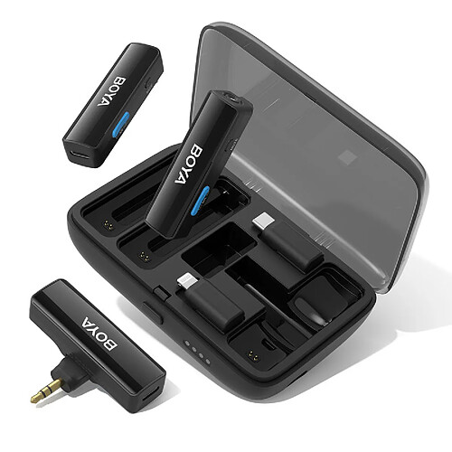 Boyalink Système de microphone sans fil omnidirectionnel à double canal avec boîtier de charge USB-C/Lightning/3,5mm