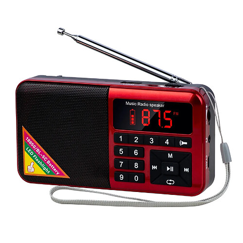 Poste Radio Enceinte Bluetooth FM 70-108mhz Digital Stéréo Batterie 1500 Mah Rouge YONIS