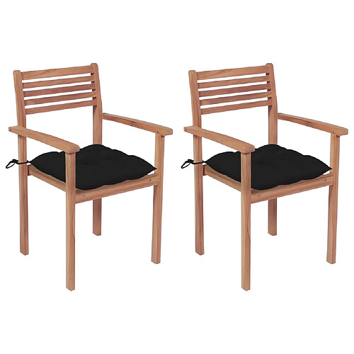 vidaXL Chaises de jardin lot de 2 et coussins noir Bois de teck massif