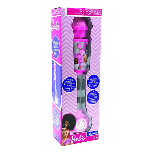 Lexibook Microphone Barbie avec tube lumineux, enceinte (entrée auxiliaire), mélodies et effets sonores