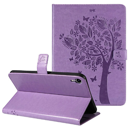 Etui en PU motif chat et arbre avec support magnétique violet clair pour votre iPad mini (2021)