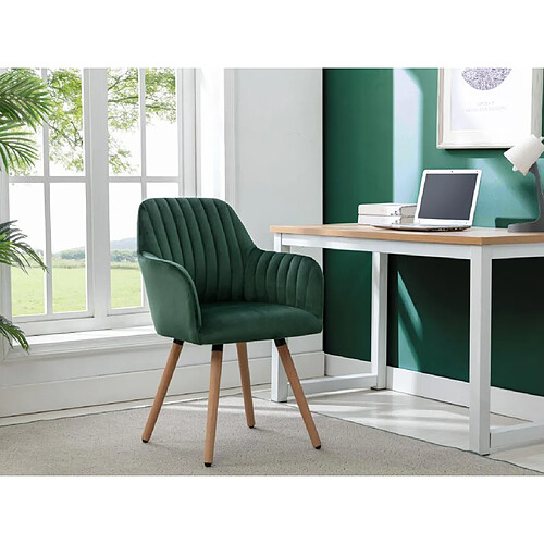 Vente-Unique Lot de 2 chaises avec accoudoirs en velours et métal effet bois - Vert foncé - ELEANA