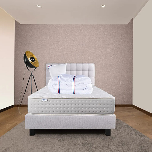 LUXURY LITERIE Ensemble Matelas Purlux, 26 cm, mousses haute densité, ferme, face été/hiver+sommier gris ep20cm+oreiller+couette+Tête de Lit, 90x190cm