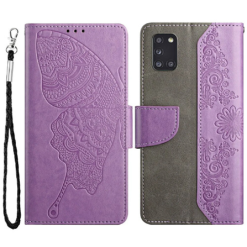 Coque en TPU anti-rayures, antichoc, motif papillon et fleur avec support violet pour votre Samsung Galaxy Galaxy A31