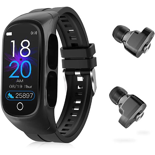 Chrono Fitness Tracker Écouteurs Smart-Watch - Bracelet d'activité 2 en 1 Écouteurs sans fil Bluetooth Recevoir des appels Messages Contrôle de la musique Suivi du sommeil Podomètre Compteur de calories pour femmes Hommes Enfants(noir)