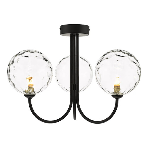 Lumière Plafonnier semi-affleurant à 3 ampoules, noir mat, clair, alvéolé, verre de 150 mm