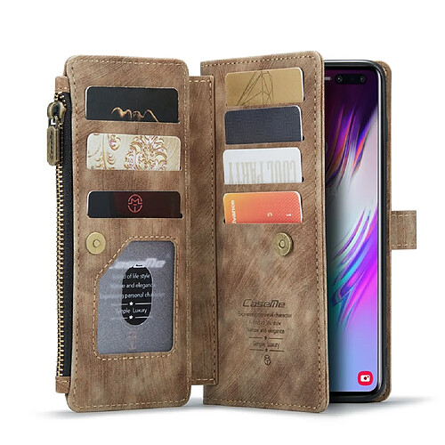 Caseme Etui en PU + TPU antichute, avec support et 10 porte-cartes marron pour votre Samsung Galaxy S10 Plus