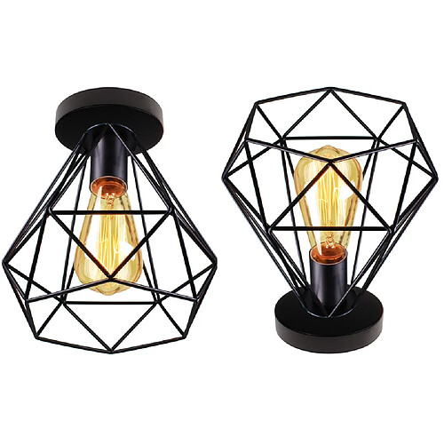 Stoex 2pcs Plafonnier cage design diamnt en métal fer 20cm, Lustres abat jours retro industriel luminaire E27 Edison , Noir