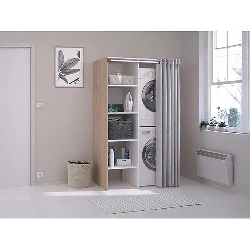 Vente-Unique Meuble de buanderie avec rideau pour double machine à laver - Naturel clair - L111 x H184 cm - JAZANO