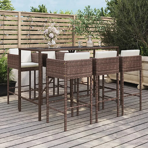 vidaXL Ensemble de bar de jardin avec coussins 7 pcs marron poly rotin