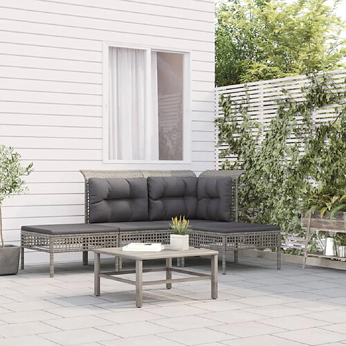 vidaXL Salon de jardin 4 pcs avec coussins Gris Résine tressée