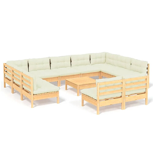 Maison Chic Salon de jardin 12 pcs avec coussins | Ensemble de Table et chaises | Mobilier d'Extérieur crème Bois de pin massif -GKD52533