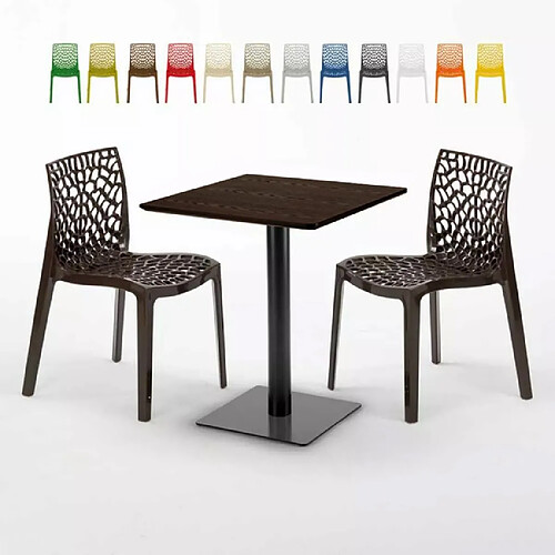 Grand Soleil Table carrée 60x60 pied noir et surface bois avec 2 chaises colorées Gruvyer Kiss - Marron