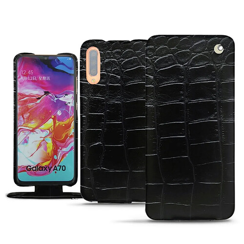 Housse cuir Samsung Galaxy A70 - Rabat vertical - Crocodile nero ( Noir / Black) - NOREVE