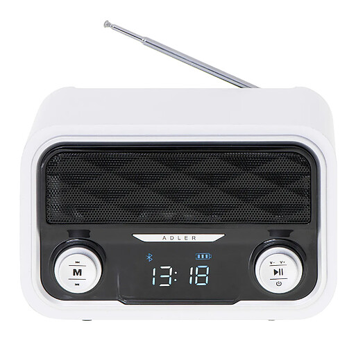 Radio Bluetooth, Tuner FM,Lecture MP3, Port USB et carte SD, Sans Fil, Portable, , Blanc, Adler, AD1185