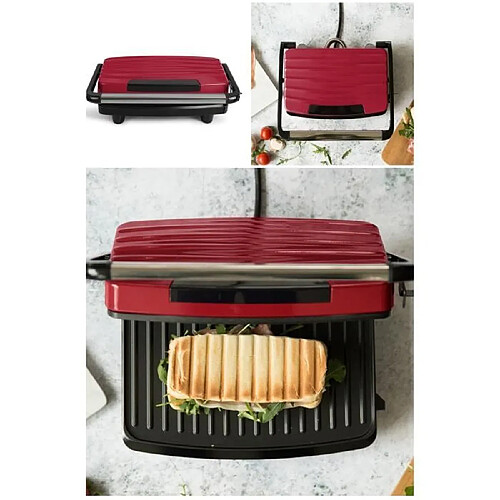 Livoo Grill Viande Panini ROUGE Bac récupérateur de graisse Plaque anti-adhesive 750W Haute qualité Charnière ajustable