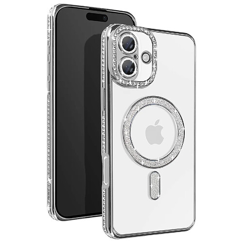 Avizar Coque Diamant pour iiPhone 16 Plus Protection MagSafe Contour Strass Argent