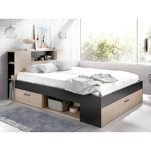 Vente-Unique Lit avec tête de lit rangements et tiroirs - 140 x 190 cm - Coloris : Naturel et anthracite + Sommier + Matelas - LEANDRE