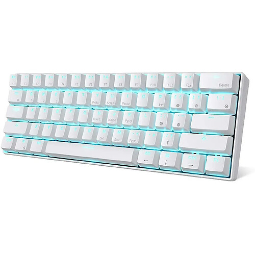 Chrono Clavier de jeu mécanique sans fil 60% RK61, clavier mécanique Bluetooth ultra-compact avec 10 heures d'autonomie et commutateurs bleus, compatible pour une connexion multi-appareils(blanc)