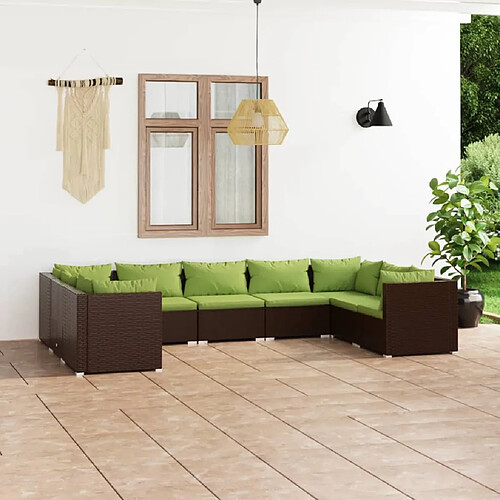 vidaXL Salon de jardin 9 pcs avec coussins Résine tressée Marron