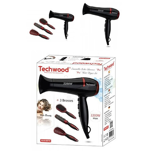 Techwood Sèche Cheveux "Pro" 2200W Noir 3 températures + 3 Brosses Désign