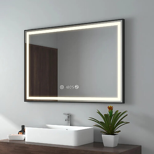 EMKE Miroir de salle de bain LED Cadre noir avec Interrupteur Tactile, Anti-buée, Horloge, Température, Dimmable, Fonction Mémoire, Lumière neutre - 100x70cm