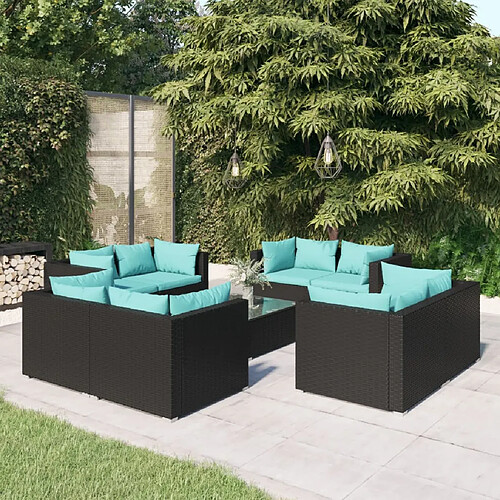 vidaXL Salon de jardin 9 pcs avec coussins Résine tressée Noir