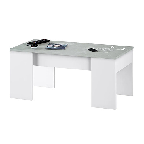 Table basse modulable coloris Blanc Artik / Ciment en mélamine avec plateau - Dim : 45 x 100 x 50 cm -PEGANE-