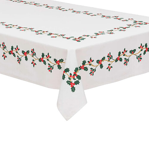 Atmosphera, Createur D'Interieur Nappe de Noël rectangulaire motifs houx et baies - L. 140 x 360 cm - Blanc finition dorée