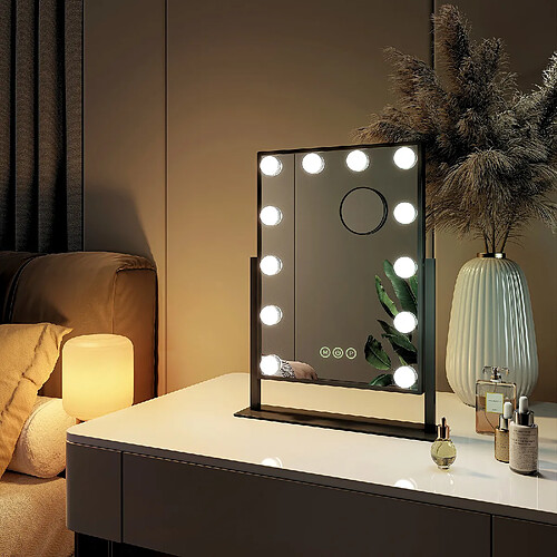 EMKE Miroir de maquillage Hollywood Miroir grossissant 7x avec Ampoules LED Interrupteur tactile 3 couleurs dimmable Rotation - Cadre Noir 30 x 41 cm