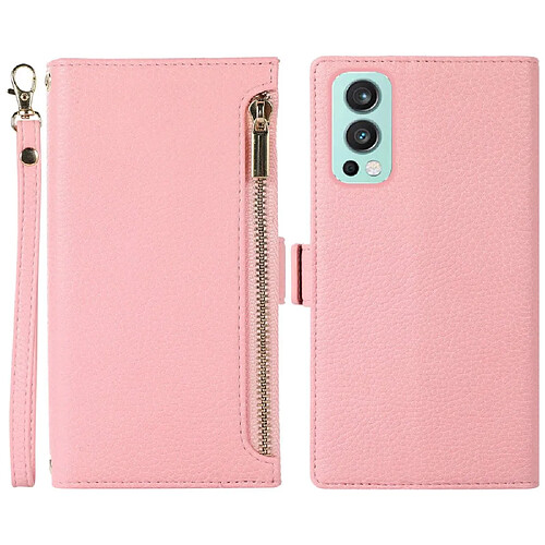 Etui en PU texture litchi, anti-rayures avec pochette à fermeture éclair et sangle pour votre OnePlus Nord 2 5G - rose